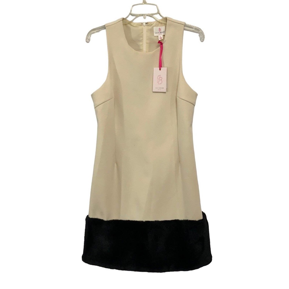 Julie Brown Women’s Sleeveless Faux Fur Trim Hem Cream Black Dress NEW Size 6